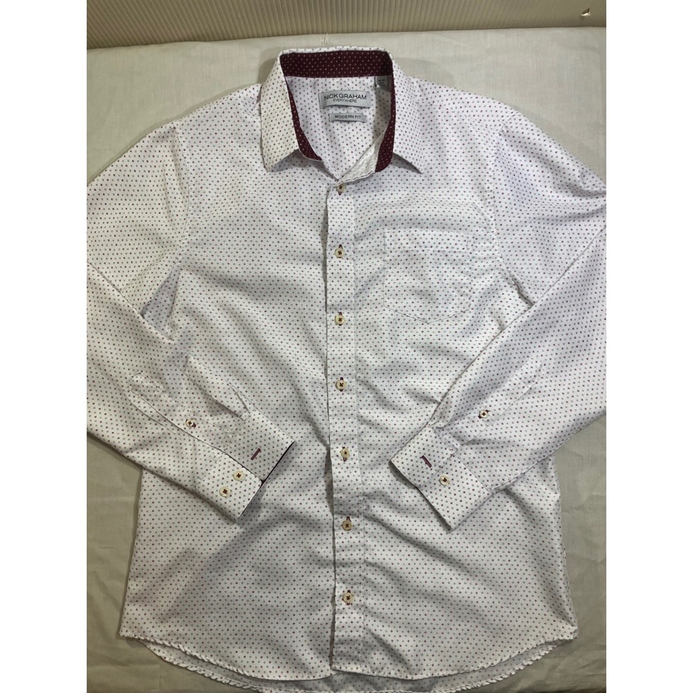 Nick Graham Everywhere Mens Modern Fit Dress Shirt White Burgundy Print M 34-35